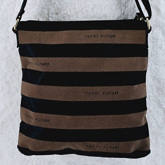 Tommy Hilfiger Brown and Black Striped Sateen Twill Fabric Crossbody - Picture 3 of 15